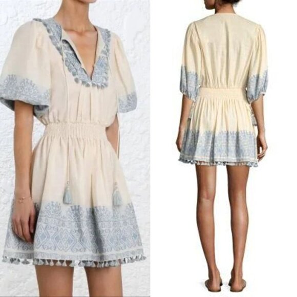 Zimmermann Helm Split Neck Jacquard Fringe Tassel Linen Lace Mini Dress - Picture 3 of 12